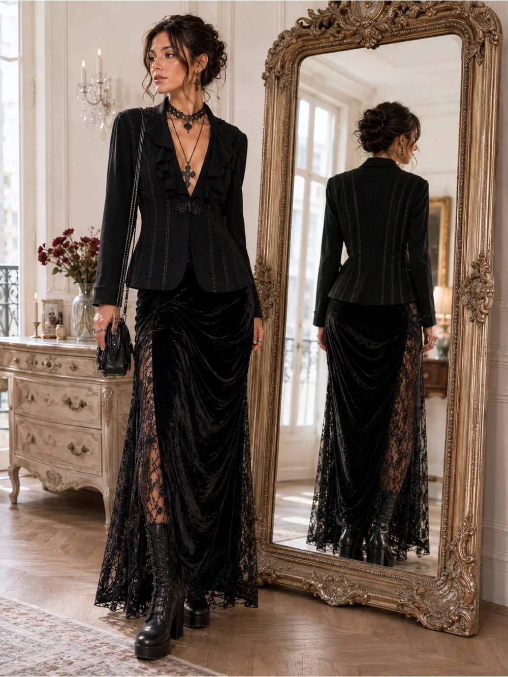 OSCAR de la Renta Black Braided Gothic Military Ruffle Front Jacket Sz US 12